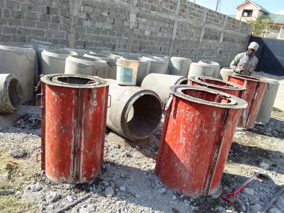 Steel culvert moulds and freshly cast culverts at the Wheelink yard